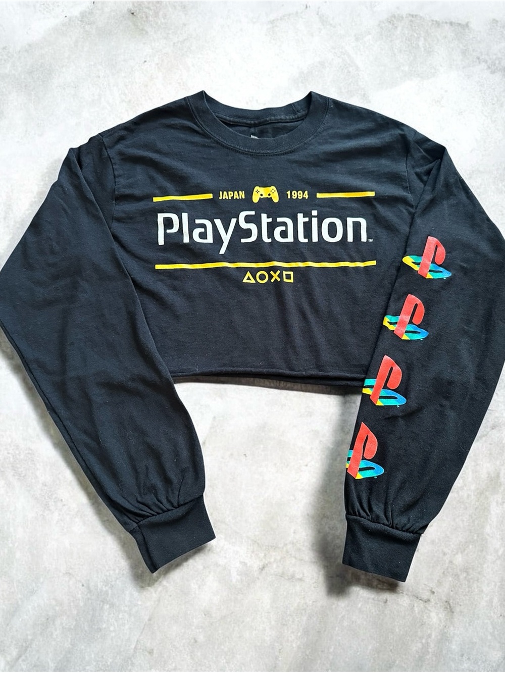 Sony Black Crop Sweatshirt with Yellow and Multicolor PlayStation Logos